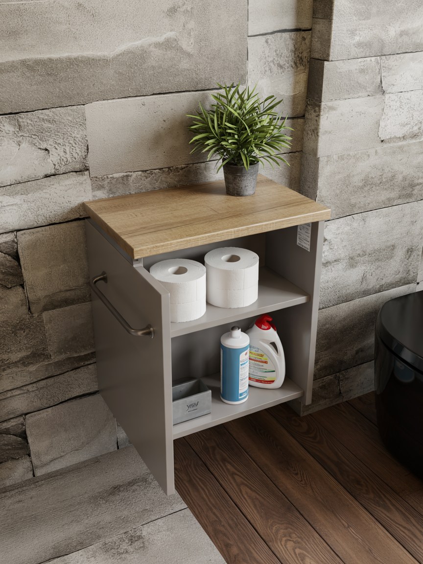 Small Bathroom Storage Cabinet with Shelf and Wood Top