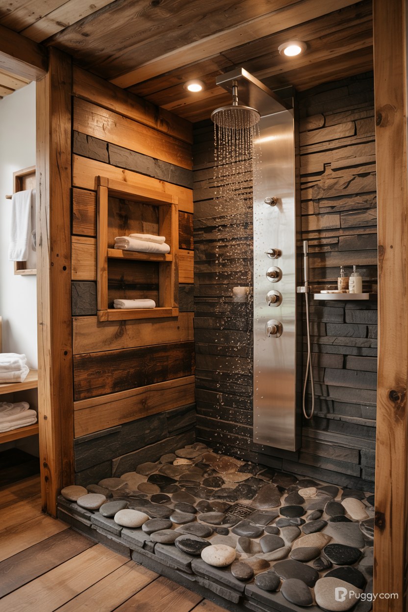 Luxury Spa Bathroom Design with Natural Stone Shower and Wood Beams