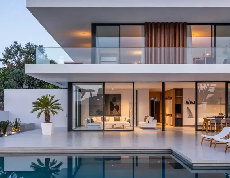 Modern luxury villa with infinity pool at dusk - glass walls and warm lighting create a stunning evening vibe