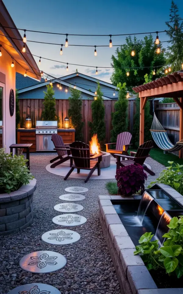 Cozy backyard patio with string lights and fire pit β such a relaxing setup πΏ