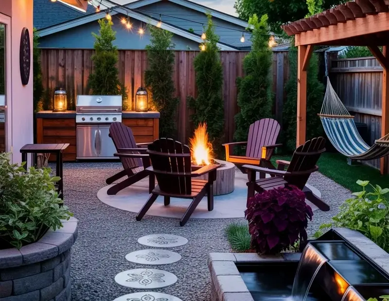 Cozy backyard patio with string lights and fire pit – such a relaxing setup 🌿