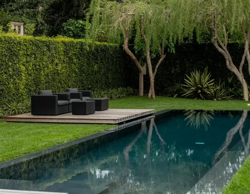 Modern Luxury Swimming Pool with Sleek Black Design and Natural Privacy