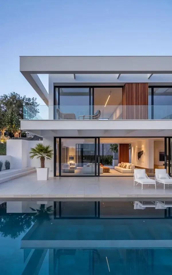 Modern villa design on a budget with infinity pool and glass walls