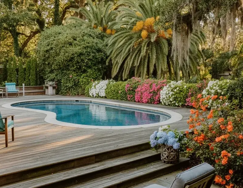 How to Design a Stunning Backyard Pool Area with Curved Deck and Flowers