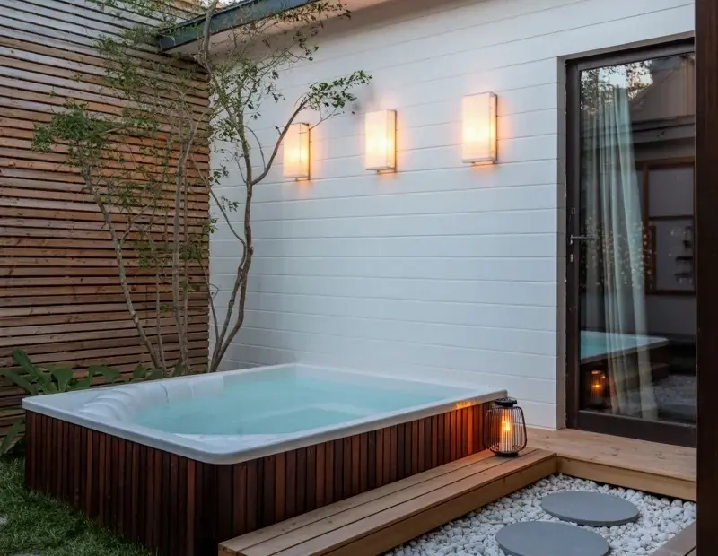 Modern backyard hot tub on wooden deck with shiplap wall and privacy screen