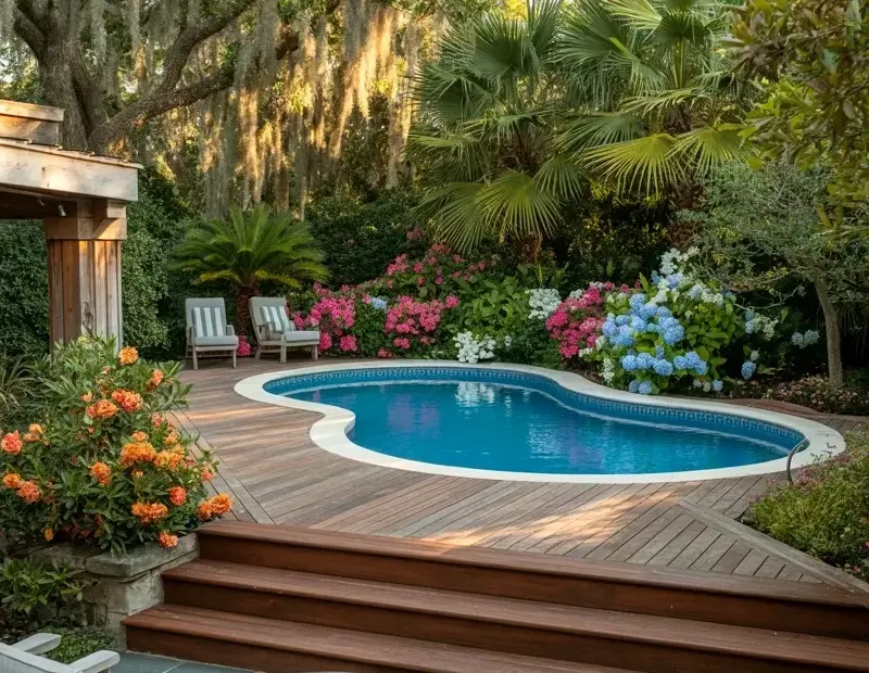 How to Design a Curved Pool Deck with a Stone Patio and Colorful Flowers