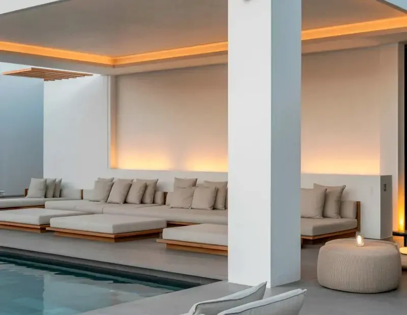 Modern Poolside Lounge Before & After | Minimalist Pavilion + Infinity Pool