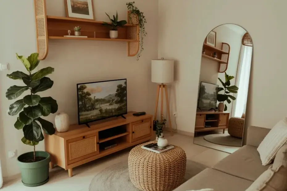 Budget Neutral Living Room Decor Ideas | Cozy Fiddle Leaf Fig & Rattan TV Stand