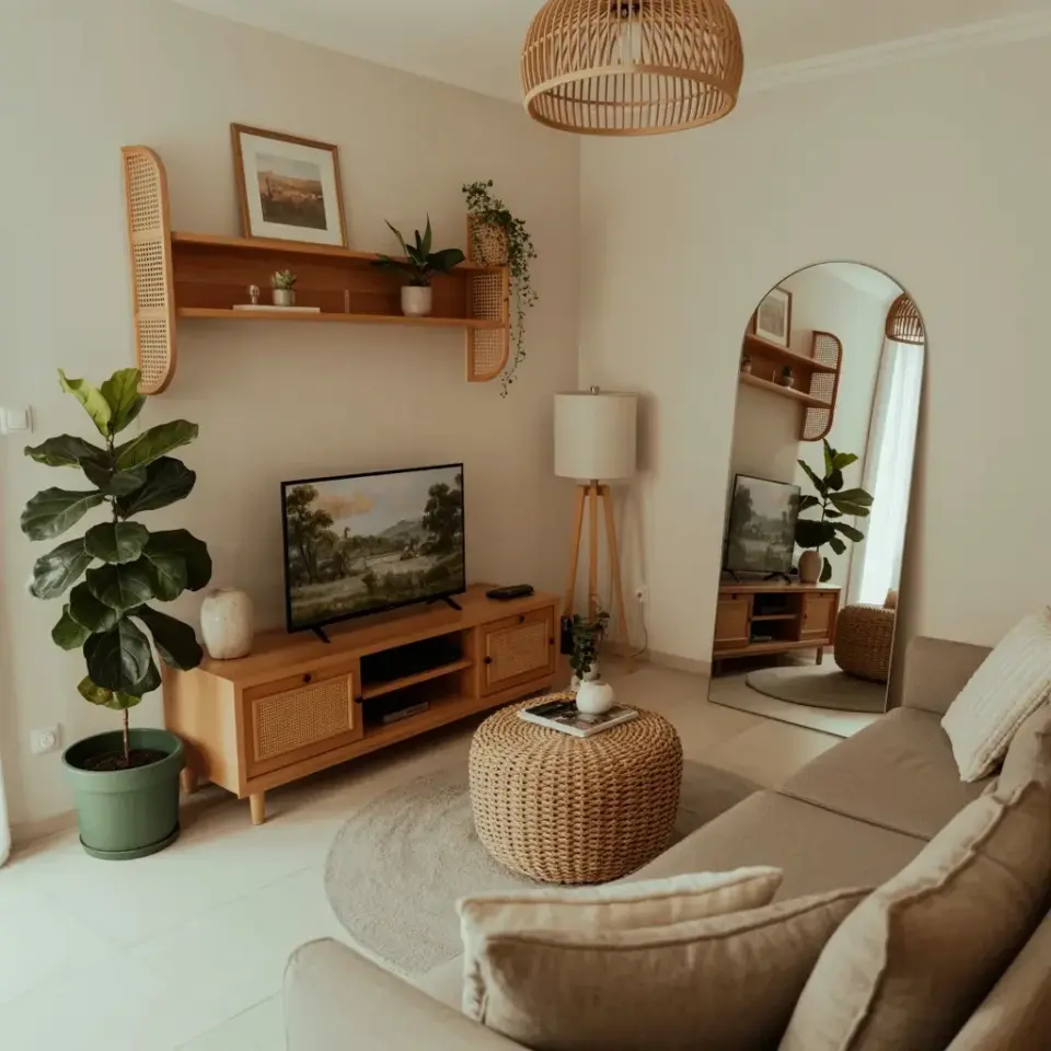 Budget Neutral Living Room Decor Ideas | Cozy Fiddle Leaf Fig & Rattan TV Stand