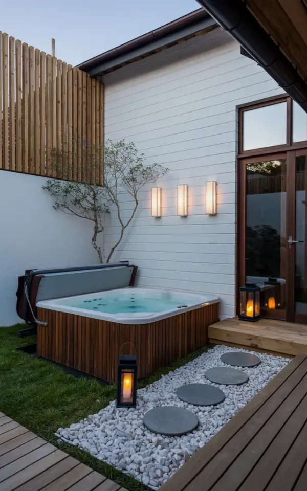 Hot Tub Deck Inspo: Shiplap Walls, River Rocks & Lanterns