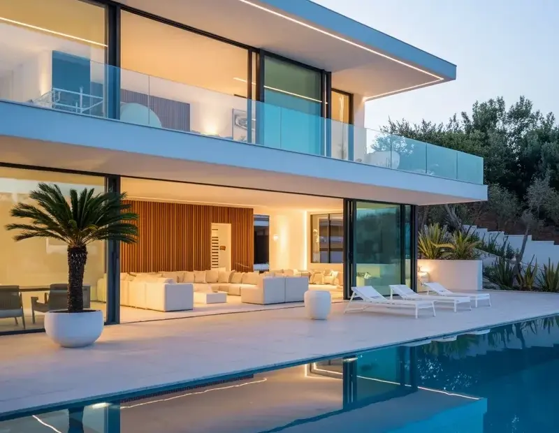 Modern Luxury Villa at Dusk with Infinity Pool | Warm Evening Glow