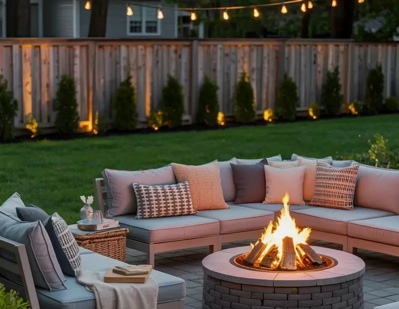 Cozy Outdoor Fire Pit Patio Ideas with String Lights and Sectional Seating