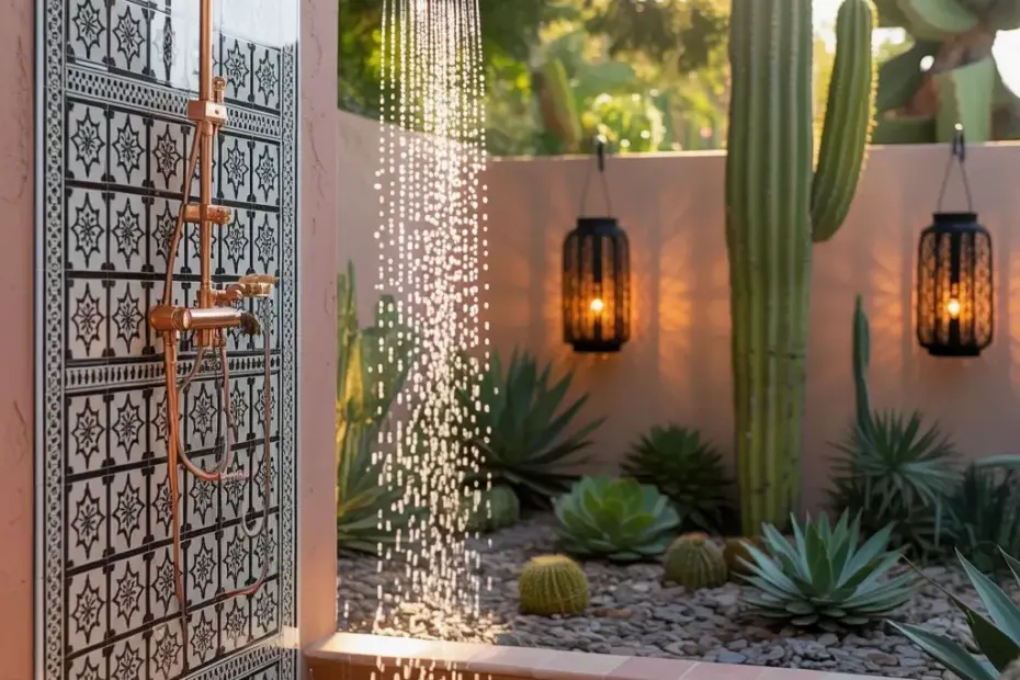 Outdoor Shower Ideas: Moroccan Tile + Rainfall Head for a Desert Vibe