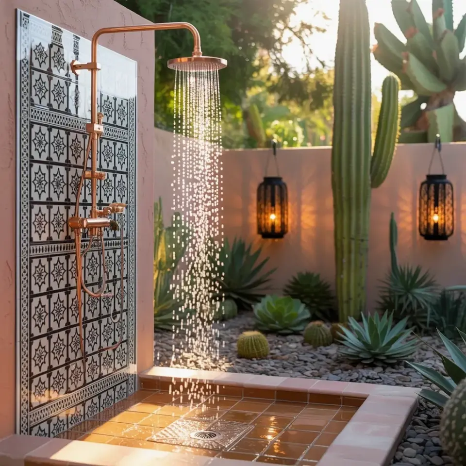 Outdoor Shower Ideas: Moroccan Tile + Rainfall Head for a Desert Vibe