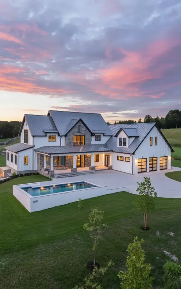 Modern Farmhouse Mansion at Sunset with Pool | Summer Evening Home Inspiration