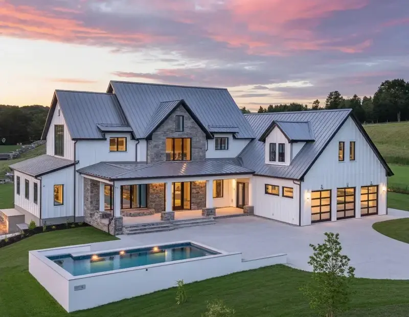 Modern Farmhouse Mansion at Sunset with Pool | Summer Evening Home Inspiration