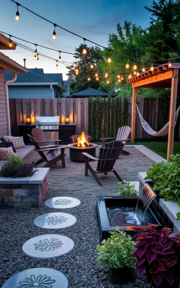 Budget Backyard Patio Ideas with Fire Pit & String Lights | Cozy Gravel Patio