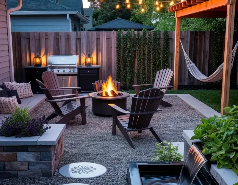 Budget Backyard Patio Ideas with Fire Pit & String Lights | Cozy Gravel Patio
