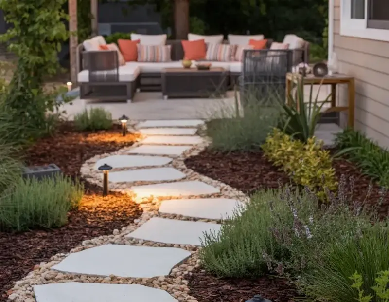 Cozy Garden Pathway Ideas with Solar Lights and a Relaxing Patio