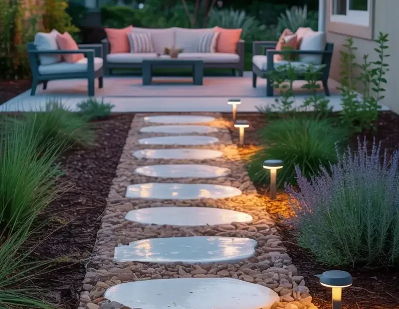 Summer Garden Pathway Ideas with Solar Lights & Cozy Patio Seating